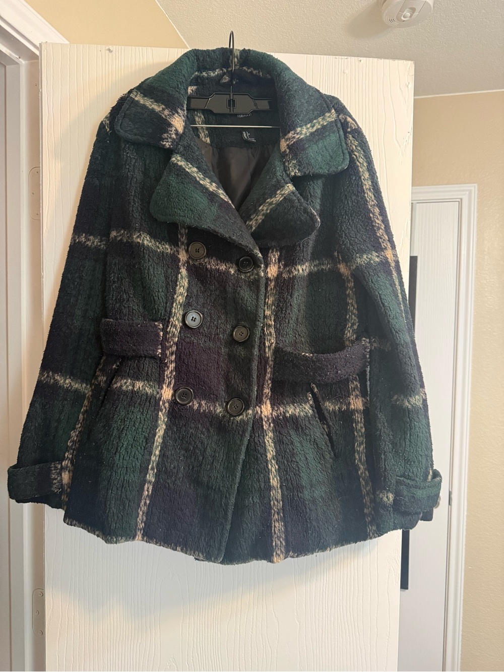 Forever 21 Green and Black Plaid Double-Breasted Pea Coat